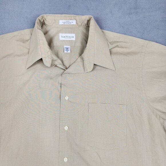 Van Heusen Poplin Button Front Shirt Mens Size 18 Beige Wrinkle Free Half Sleeve - Picture 2 of 7